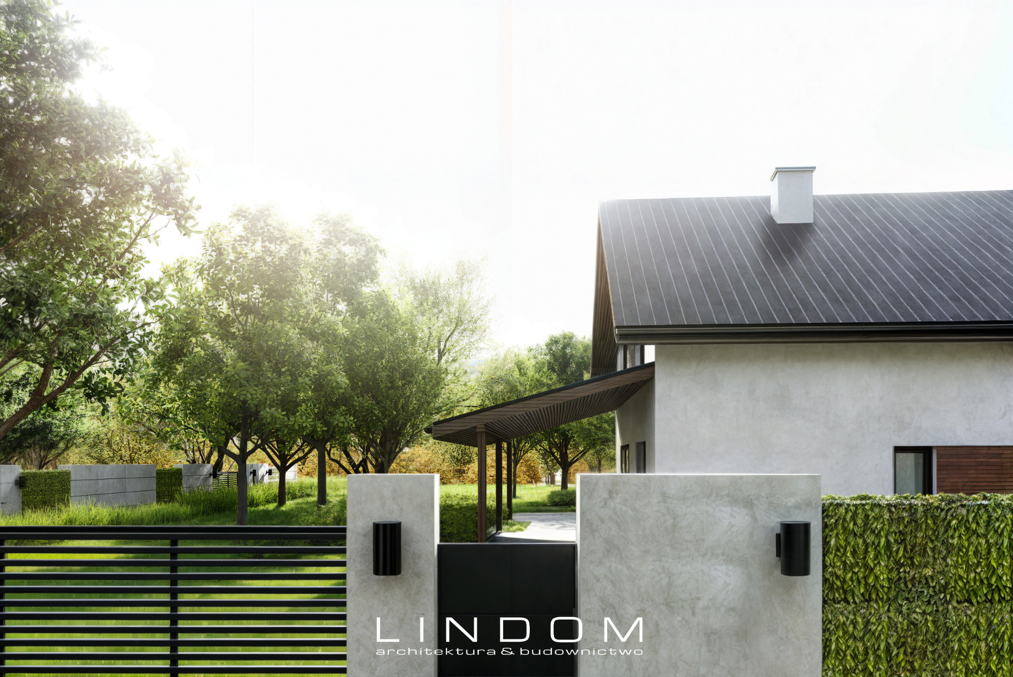 Wizualizacja domu jednorodzinnego z dwuspadowym dachem i zadaszonym tarasem, widzianego zza czarnego, poziomego ogrodzenia i betonowych słupków z lampami, w tle zieleń drzew i krzewów.