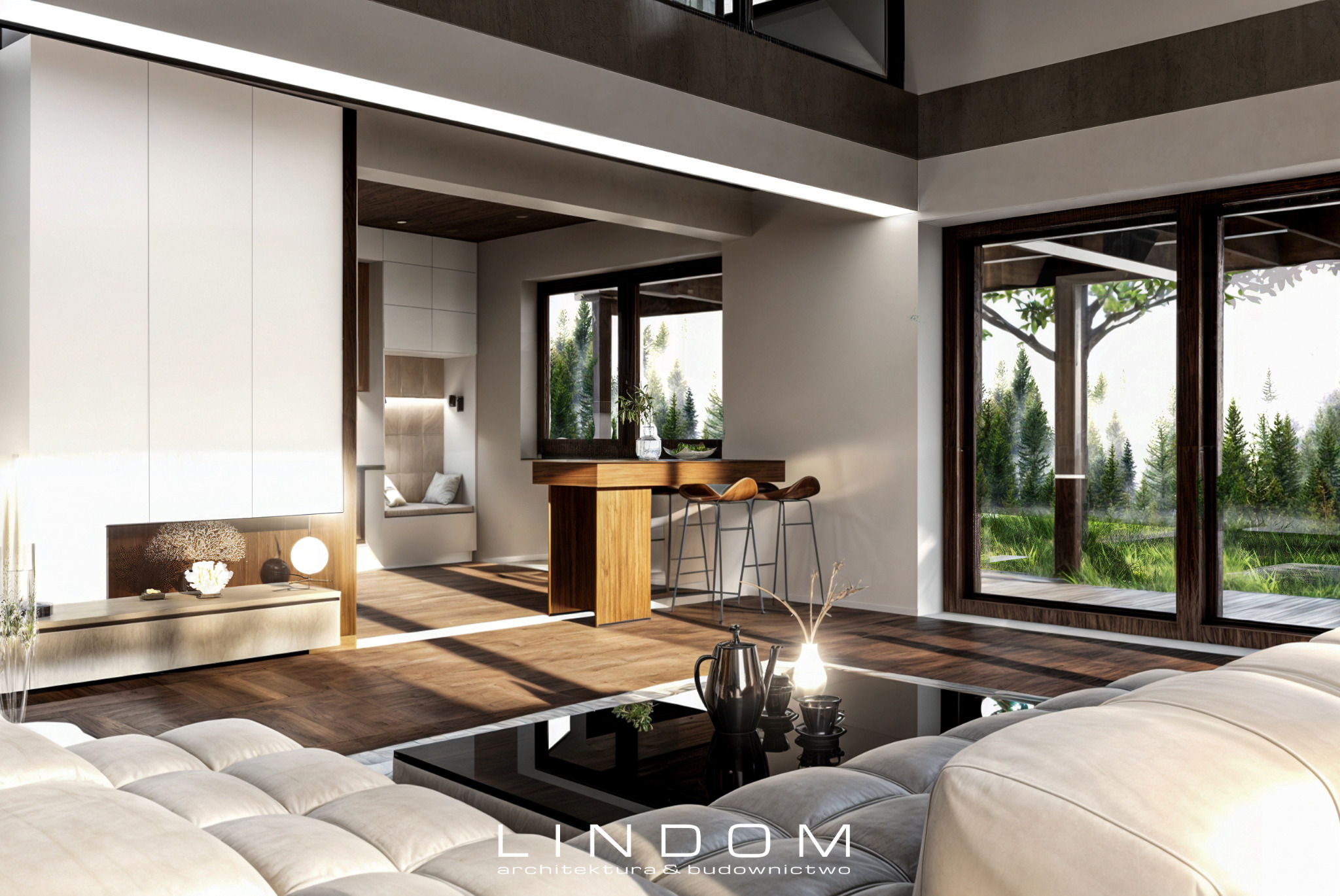 Przestronne wnętrze domu jednorodzinnego z antresolą, widok na salon z dużym oknem na las, nowoczesny design i minimalistyczne meble.