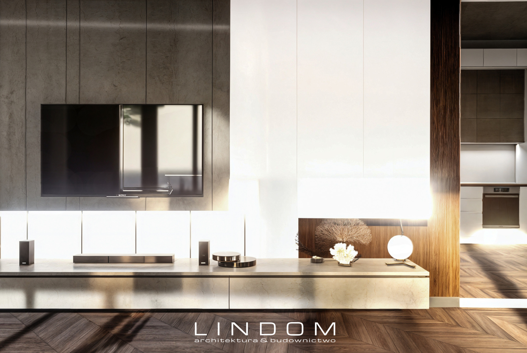 Nowoczesne wnętrze salonu z telewizorem na ścianie z betonowych paneli, niską szafką RTV z marmurowym wykończeniem, dekoracjami i widokiem na kuchnię z drewnianymi frontami szafek.