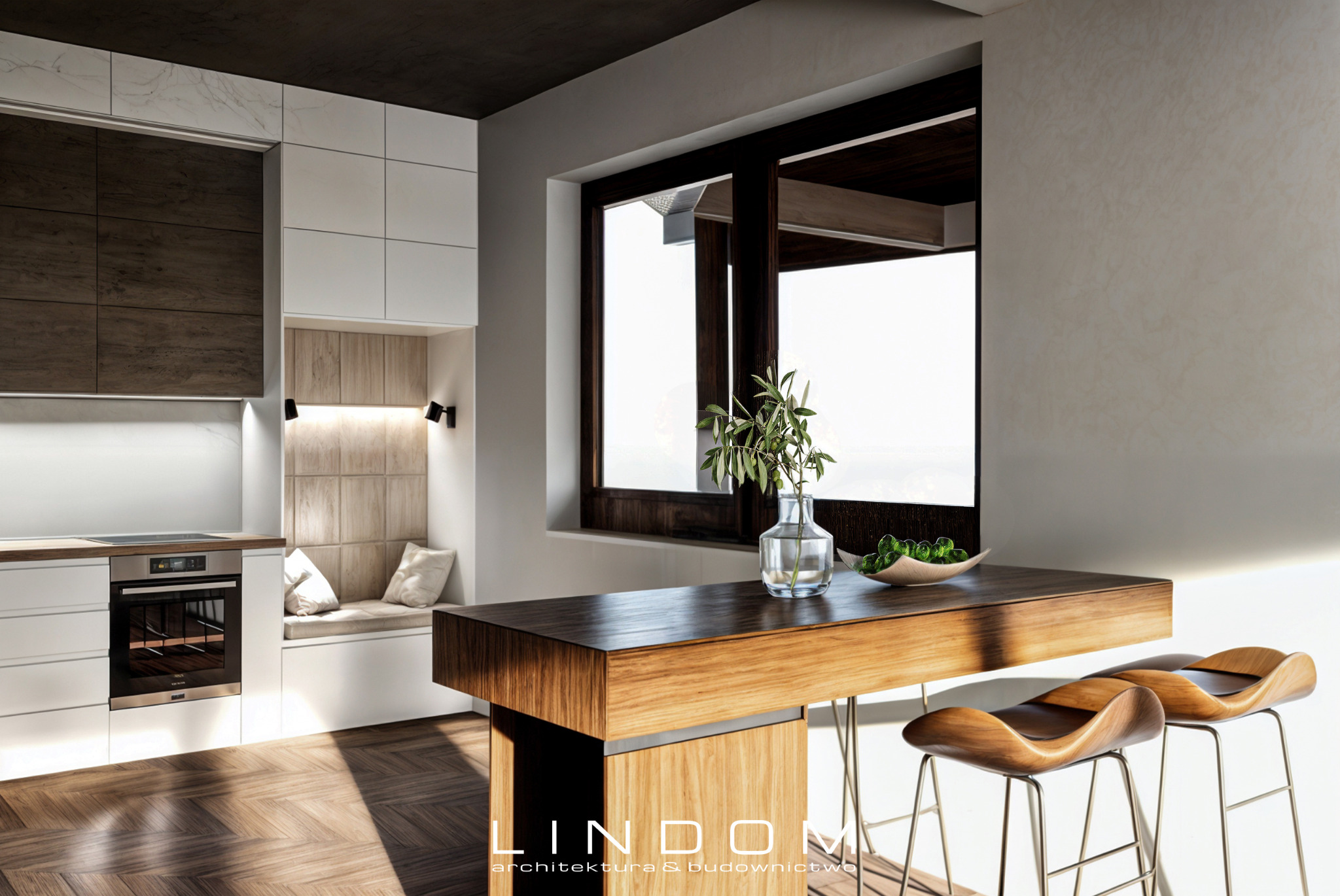 Wnętrze domu: nowoczesna kuchnia z drewnianą wyspą, hokerami o organicznym kształcie, jasnymi szafkami i wnęką z siedziskiem przy oknie. Parkiet w jodełkę, minimalistyczne oświetlenie i dekoracje...