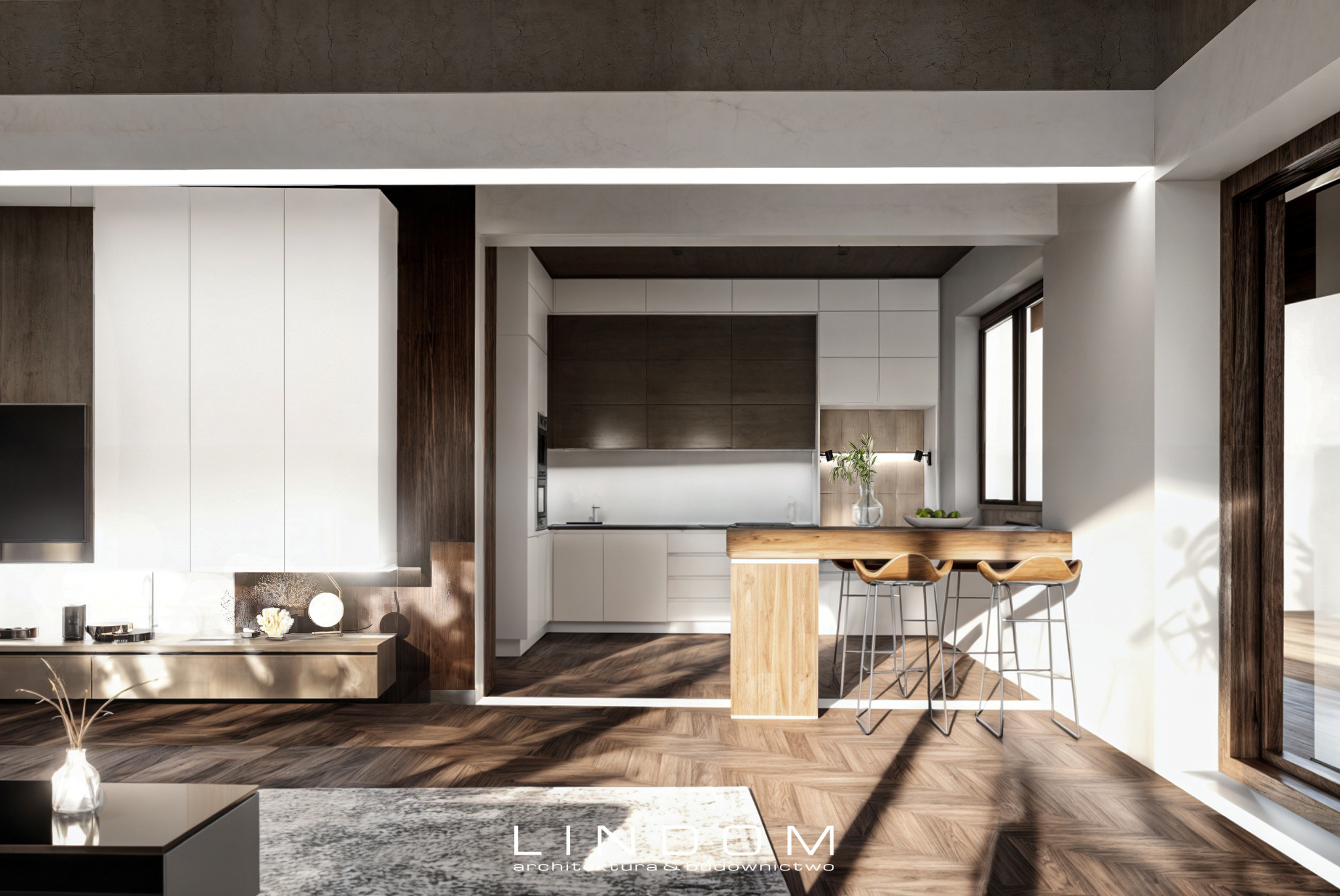 Jasne wnętrze domu jednorodzinnego z antresolą, widok na salon z telewizorem, szafką RTV i otwartą kuchnią z barkiem i hokerami. Parkiet w jodełkę. Duże okno z drewnianą ramą.