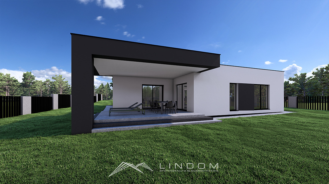 Dom jednorodzinny z płaskim dachem. Garaż dwustanowiskowy. Zadaszenie tarasu. Wodzisław Śląski