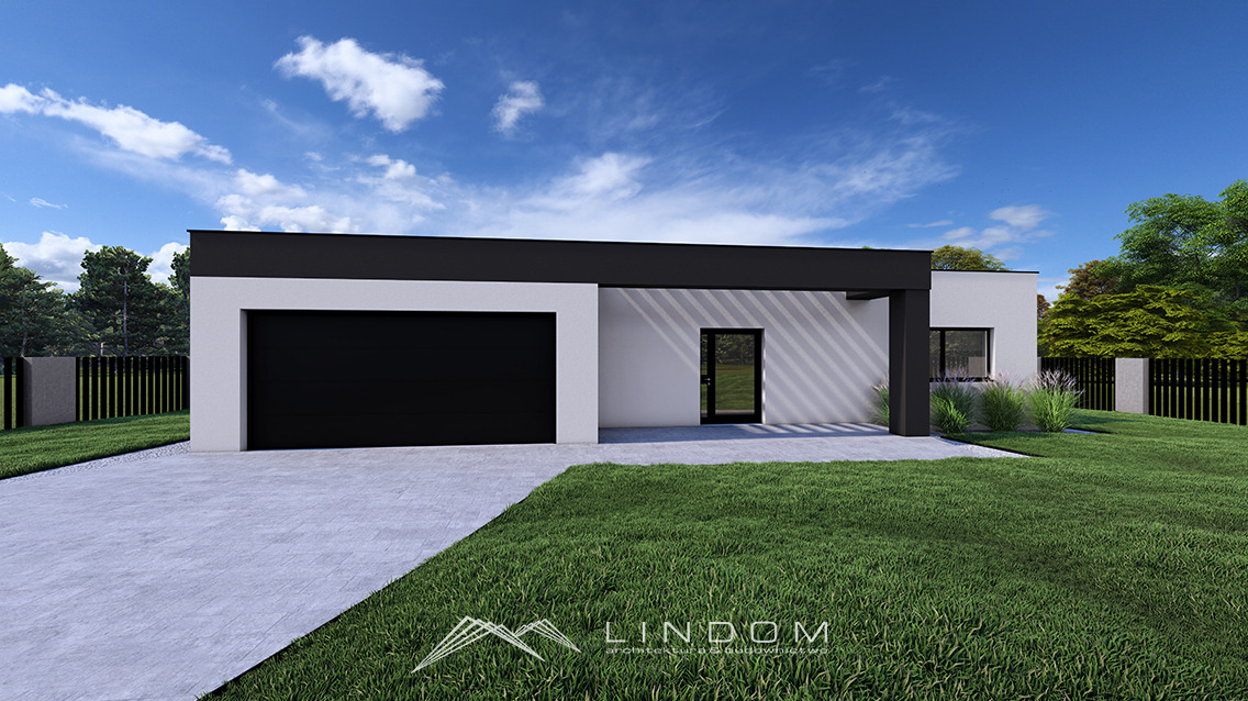 Wizualizacja parterowego domu jednorodzinnego z płaskim dachem, czarną bramą garażową i stolarką okienną, otoczonego trawnikiem i ogrodzeniem panelowym.