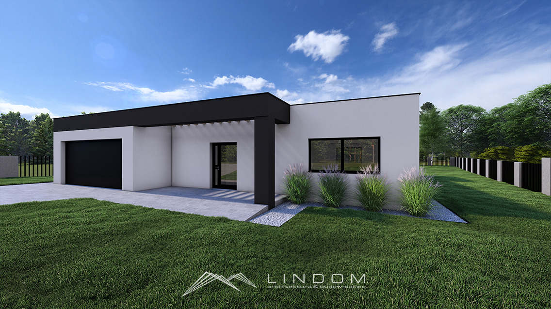 Wizualizacja parterowego domu jednorodzinnego z płaskim dachem, garażem po lewej stronie i minimalistycznym ogrodem z ozdobnymi trawami. Dom w kolorystyce bieli i czerni, z dużym oknem i szklanymi...