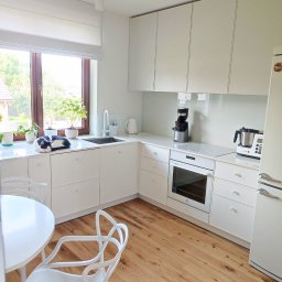 BARTOSZ MROCZEK BARTMEB - Jasna, minimalistyczna kuchnia z białymi, lakierowanymi frontami, drewnianą podłogą i śpiącym kotem na blacie przy oknie.