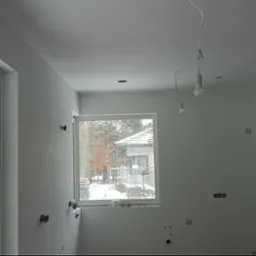 Wnętrze pokoju po świeżym malowaniu na biało, widoczne puszki elektryczne i żarówki na kablach, za oknem las i dom.