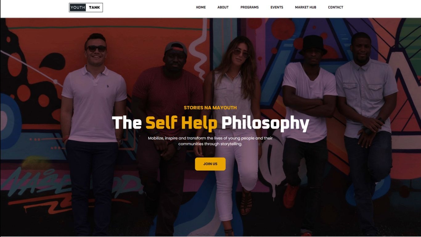 Strona internetowa z nagłówkiem 'Youth Tank' prezentująca grupę pięciu młodych osób na tle kolorowego graffiti, z hasłem 'The Self Help Philosophy' i przyciskiem 'Join Us'.