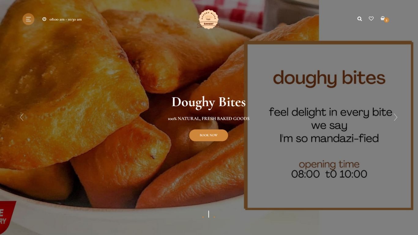 Projekt strony internetowej piekarni z apetycznymi, smażonymi bułeczkami w roli głównej, obok tekstu 'Doughy Bites' i informacją o godzinach otwarcia.
