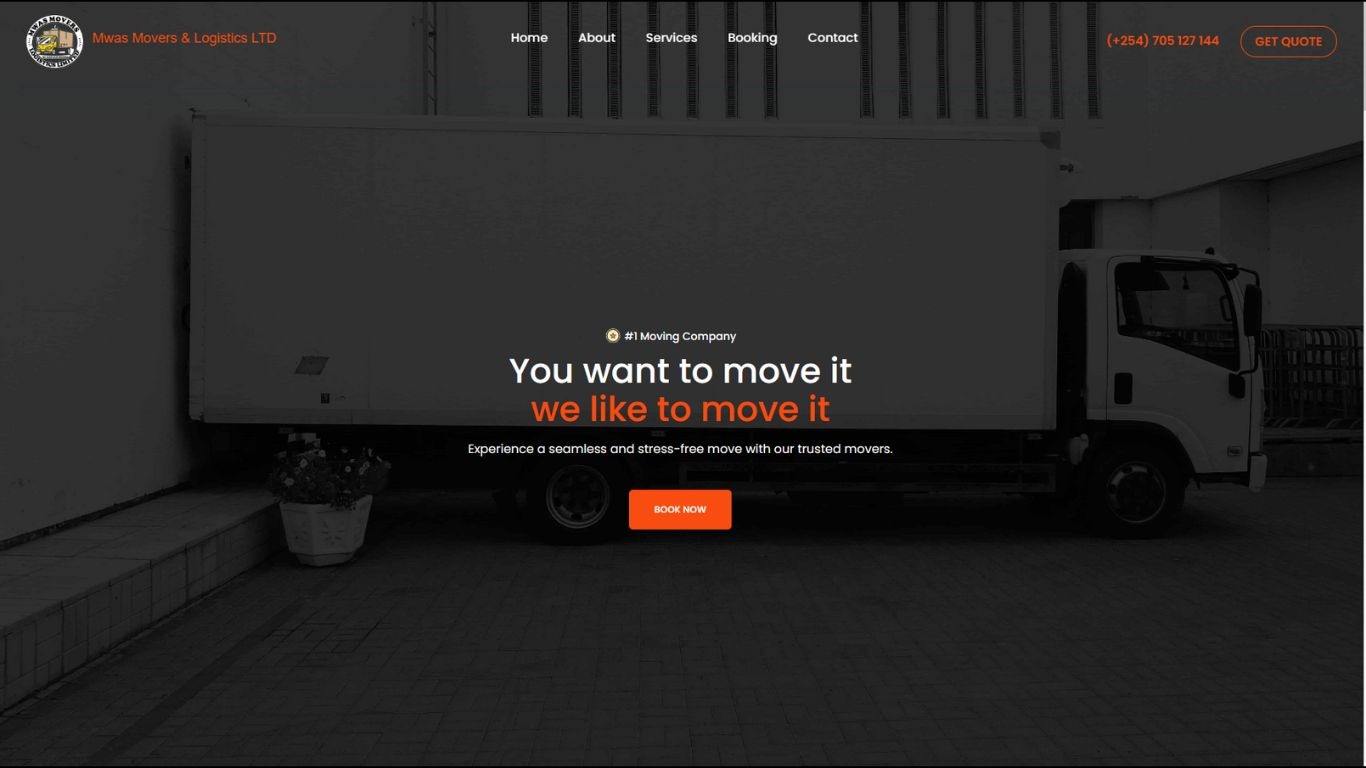 Strona internetowa firmy transportowej z grafiką ciężarówki dostawczej i hasłem 'You want to move it we like to move it'.