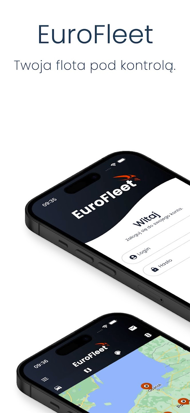 Aplikacja mobilna EuroFleet na smartfonie, prezentująca mapę z zaznaczonymi lokalizacjami w Polsce, oraz ekran logowania z polskimi napisami.