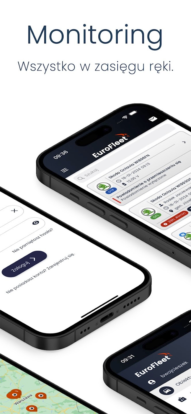 Ekrany smartfonów prezentujące interfejs aplikacji do zarządzania flotą pojazdów z widocznymi danymi lokalizacyjnymi, historią tras i statusem pojazdów.