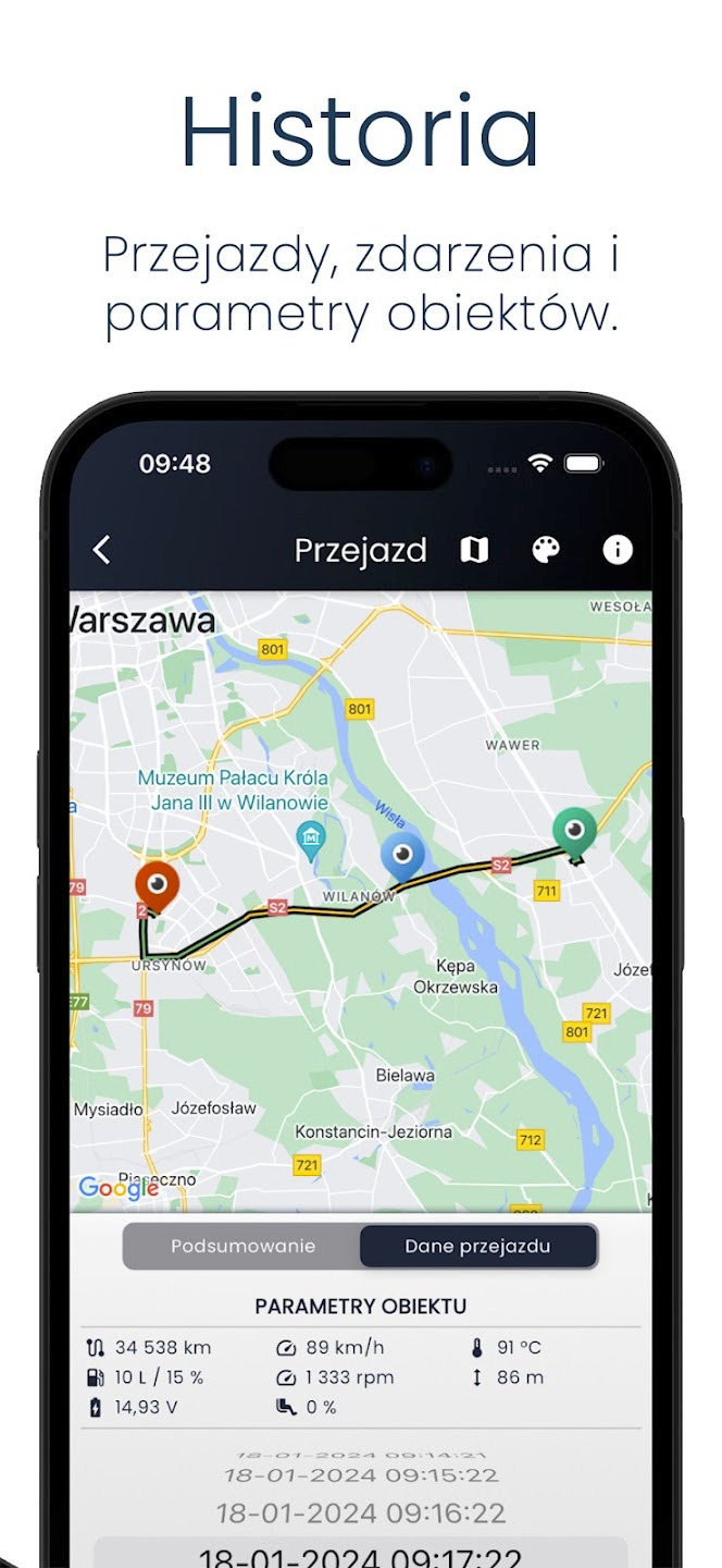 Ekran smartfona prezentuje mapę Warszawy z zaznaczoną trasą przejazdu pojazdu, wraz z parametrami takimi jak prędkość, obroty silnika i poziom paliwa.