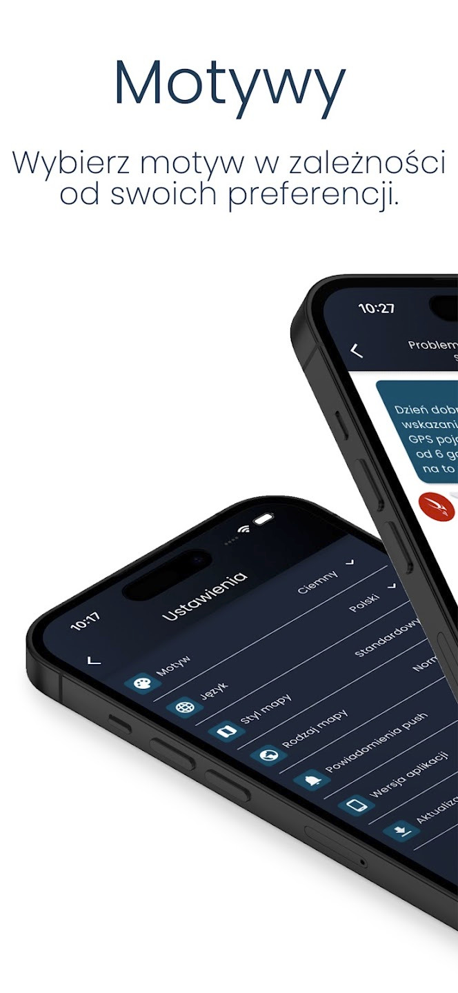 Dwa smartfony wyświetlające ekran ustawień aplikacji mobilnej z opcjami personalizacji motywu, języka, stylu i rodzaju mapy oraz powiadomień push.