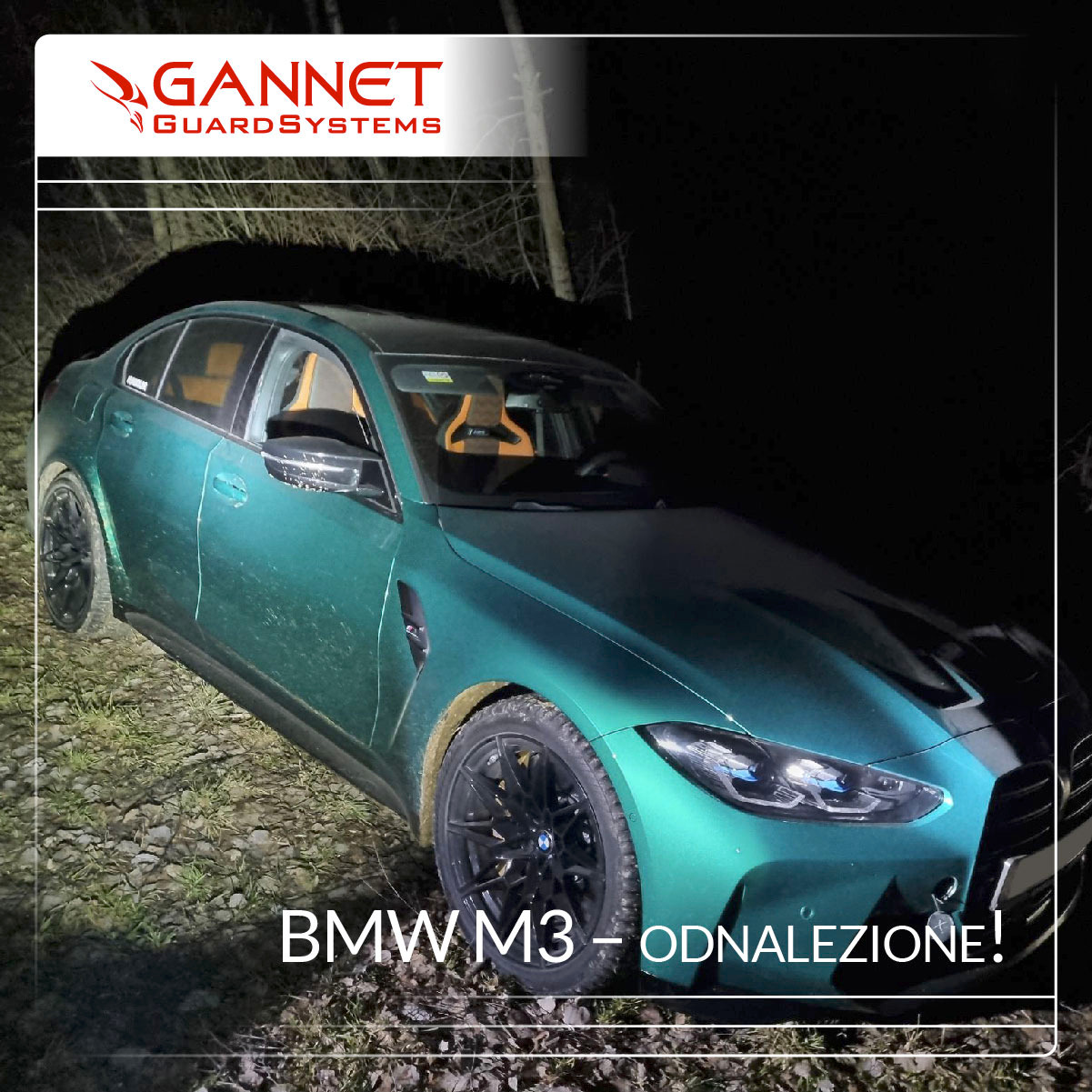 BMW M3 namierzone po kradzieży.