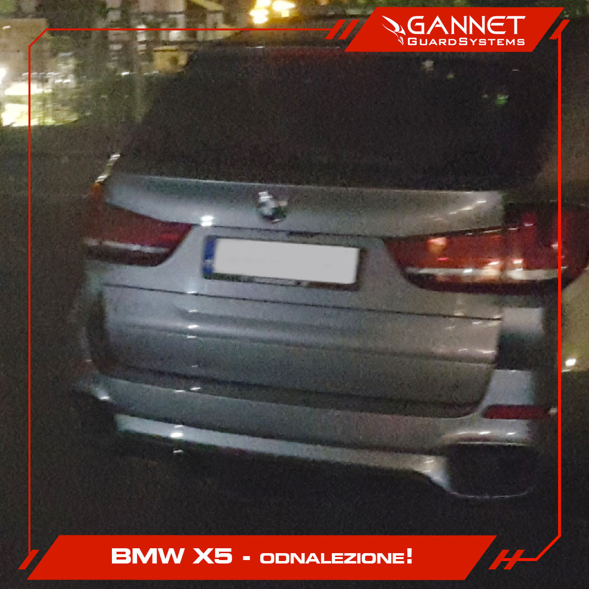 Srebrne BMW X5 z widocznym tyłem, odnalezione, prezentowane w ramce z logo firmy Gannet Guard Systems.