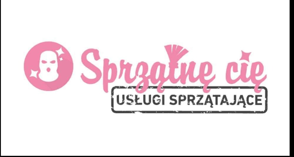 Różowe logo firmy sprzątającej z grafiką osoby w kominiarce i napisem 'Sprzątnę Cię' nad hasłem 'Usługi Sprzątające' w czarnej ramce.