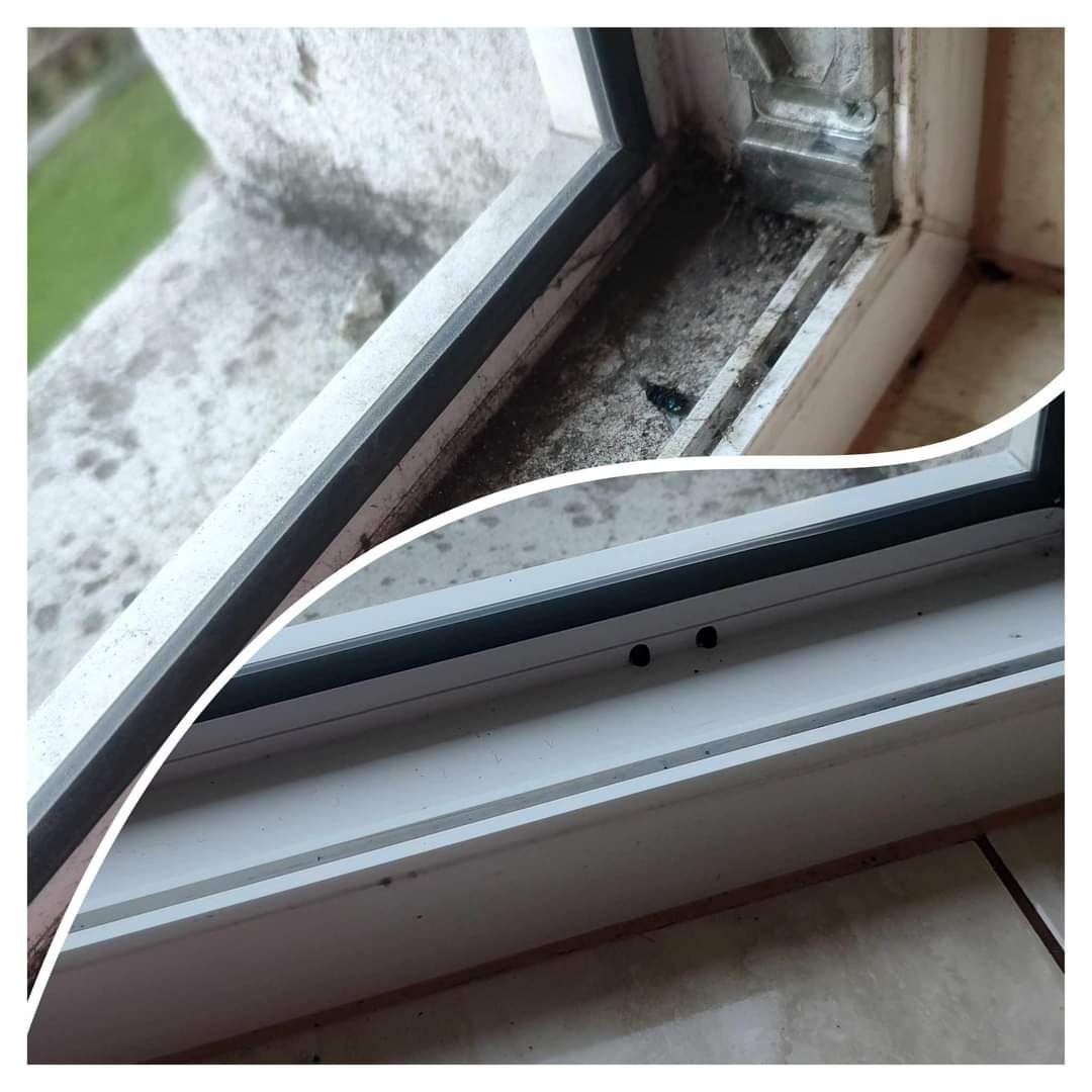 Porównanie stanu okna przed i po czyszczeniu: górna część ukazuje brudny, zaniedbany fragment ramy okiennej z nagromadzonym kurzem i resztkami, natomiast dolna część prezentuje ten sam fragment po...