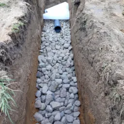 Wąski wykop wypełniony szarymi kamieniami, z widoczną rurą drenażową i geowłókniną ochronną, ziemia po bokach wykopu z fragmentami trawy.