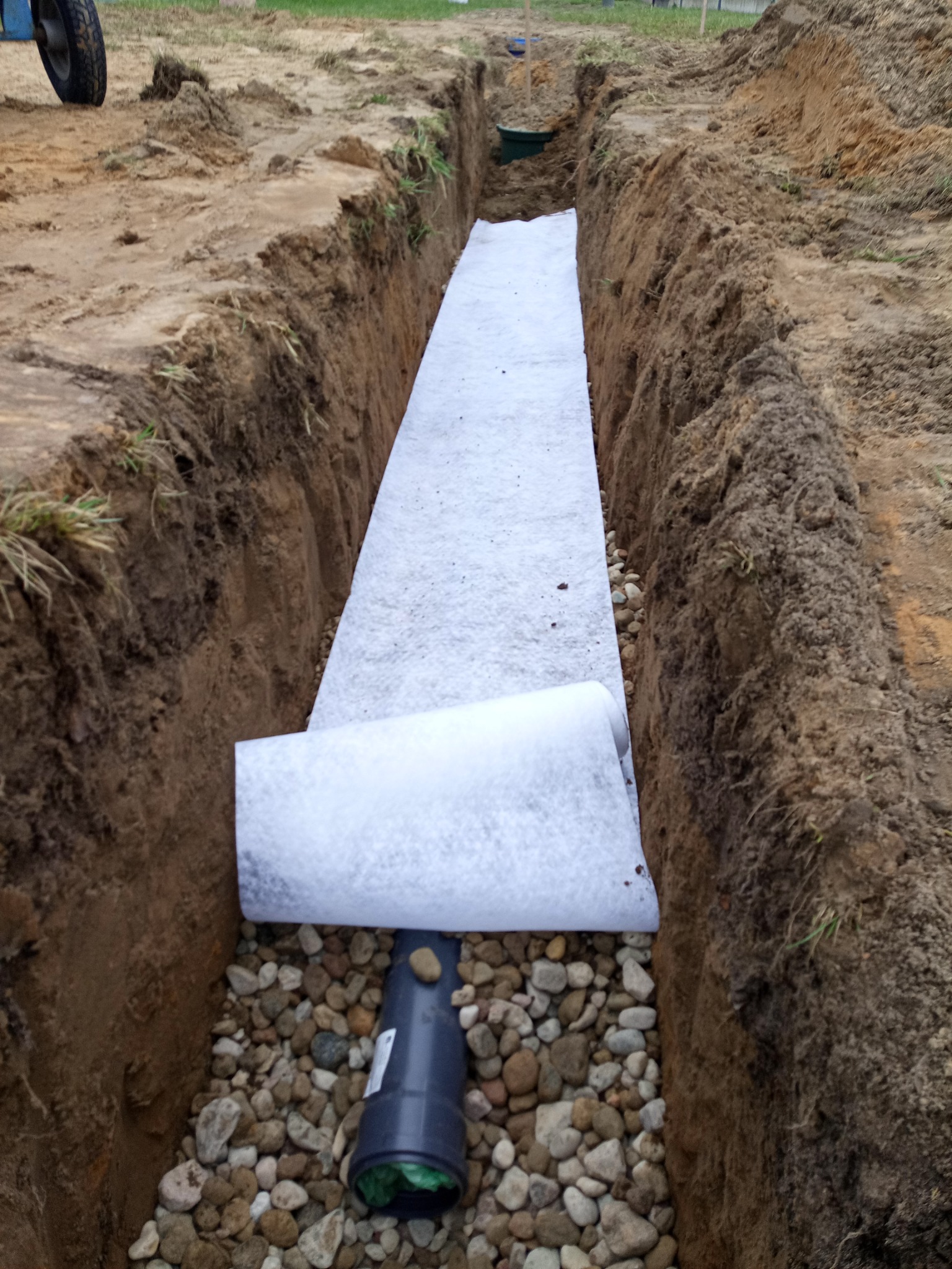 Wykop w ziemi z ułożoną rurą drenarską, obsypaną drobnymi kamieniami i przykrytą białą geowłókniną, widok z góry na ziemny rów.