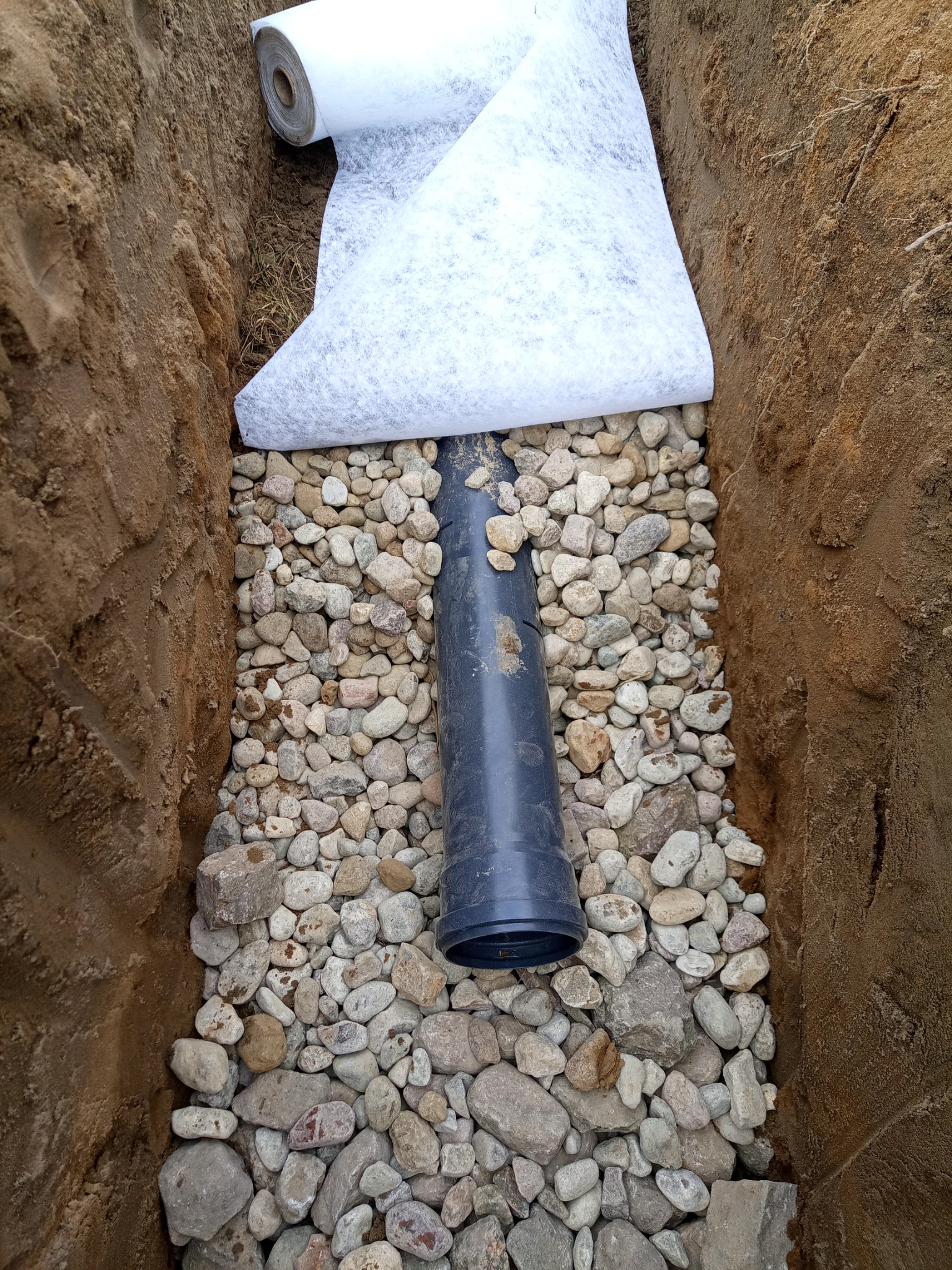 Wykop w ziemi z ułożoną rurą drenażową, obsypaną drobnymi kamieniami i zabezpieczoną geowłókniną w rolce, widoczne ściany wykopu z brązowej ziemi.