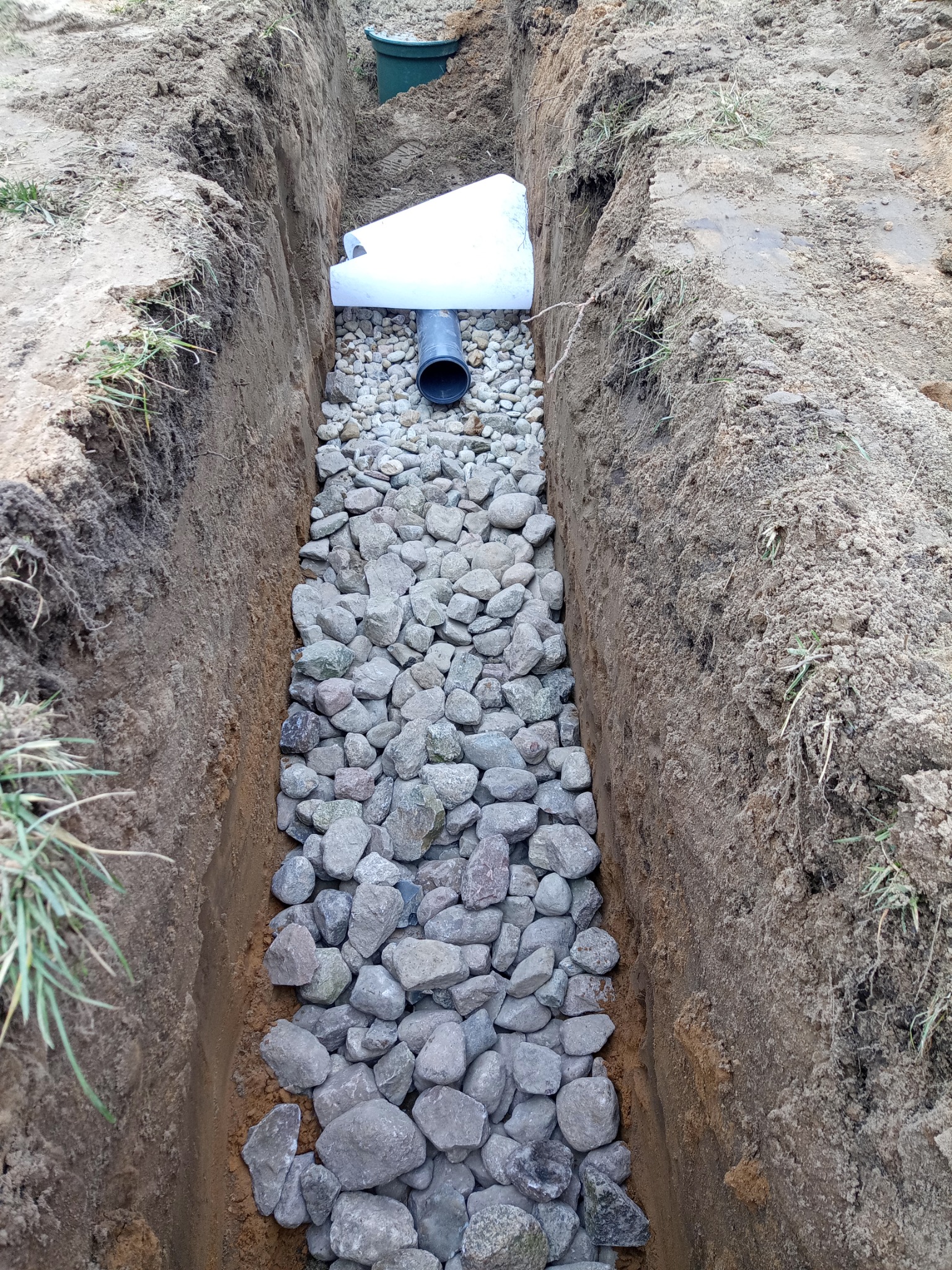Wąski wykop wypełniony szarymi kamieniami, z widoczną rurą drenażową i geowłókniną ochronną, ziemia po bokach wykopu z fragmentami trawy.