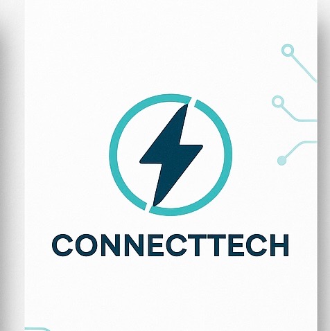 Logo 'CONNECTTECH' z symbolem błyskawicy w turkusowym okręgu i elementami sieci komputerowej w tle, na białym tle z delikatną fakturą.