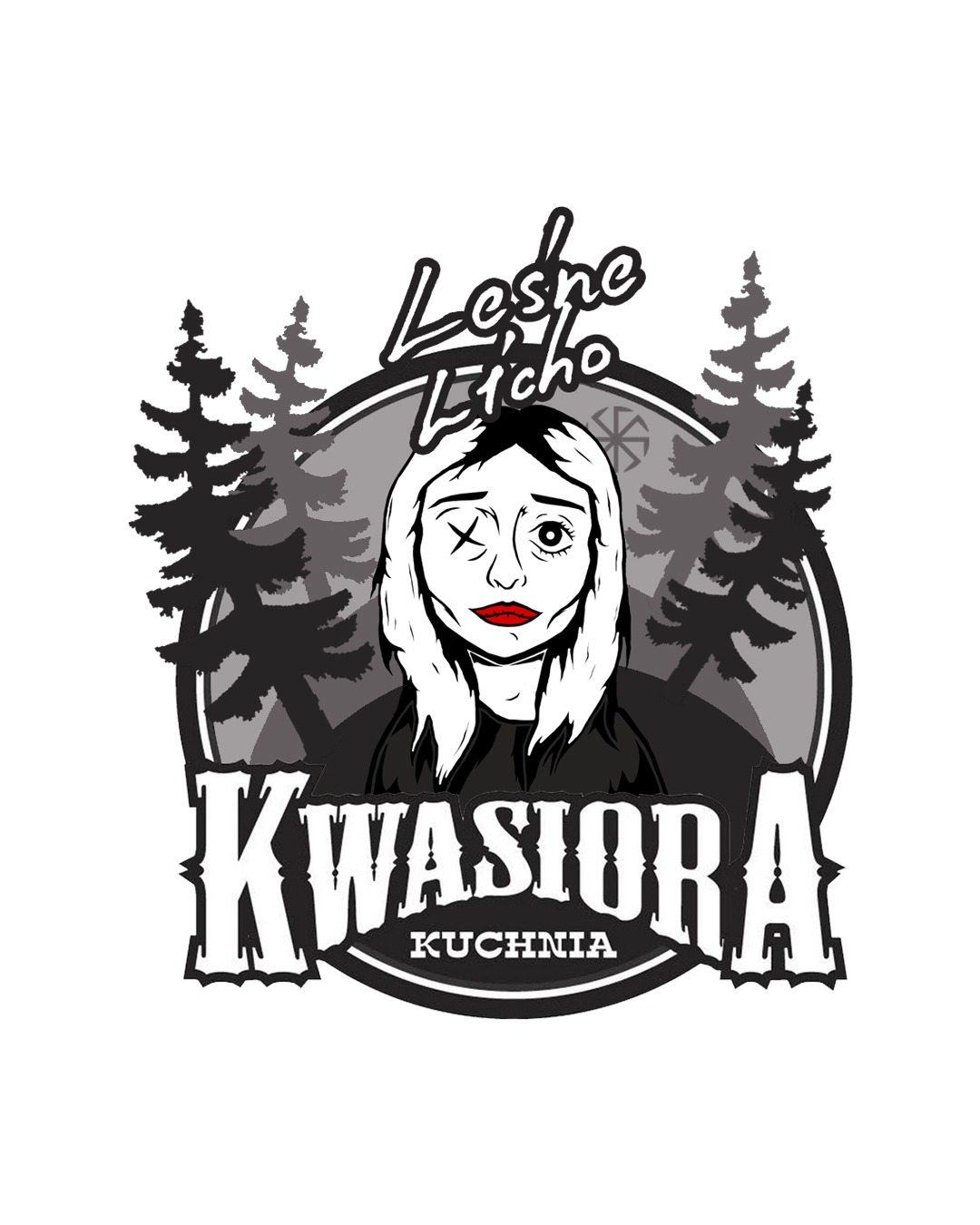 Logo firmy 'Leśne Licho Kwasiowa Kuchnia' przedstawiające stylizowaną postać dziewczyny z zakrytym jednym okiem, otoczoną lasem i napisem. Grafika utrzymana w czarno-białej kolorystyce z czerwonymi...