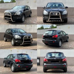 KaMat - Car Spa & Detailing - Czarne auto typu SUV marki Nissan Qashqai z chromowanym orurowaniem z przodu, prezentowane z różnych perspektyw na tle jasnej ściany i kostki brukowej.