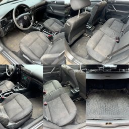 KaMat - Car Spa & Detailing - Wnętrze samochodu przed czyszczeniem: widoczne zabrudzenia na tapicerce foteli, dywanikach i w bagażniku.