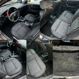 KaMat - Car Spa & Detailing - Wnętrze samochodu Volkswagen Passat B5 w kolorze czarnym, widoczne fotele przednie i tylne, deska rozdzielcza z kierownicą oraz bagażnik z gumową wykładziną, wnętrze po użytkowaniu, ale zachowane...