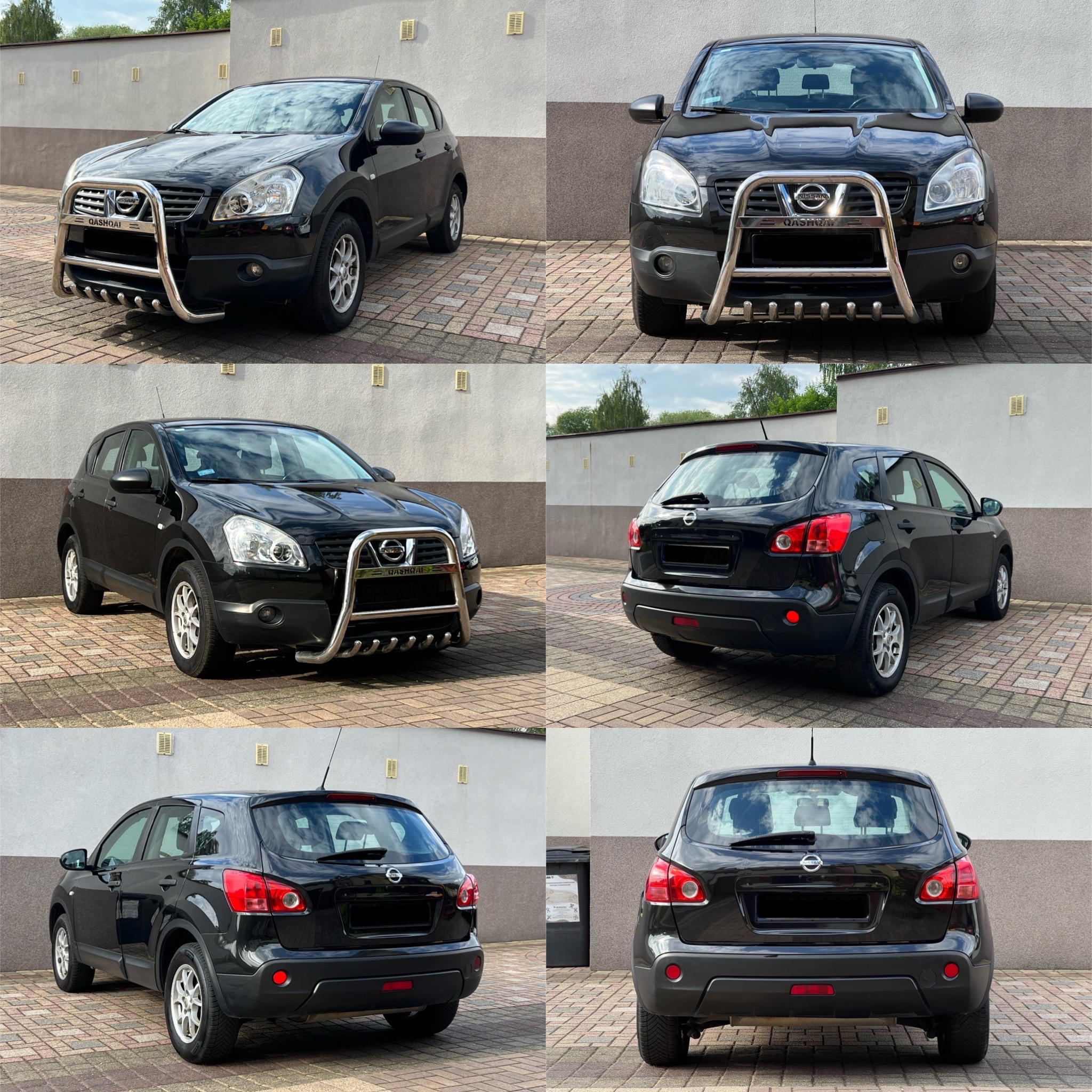 Czarne auto typu SUV marki Nissan Qashqai z chromowanym orurowaniem z przodu, prezentowane z różnych perspektyw na tle jasnej ściany i kostki brukowej.