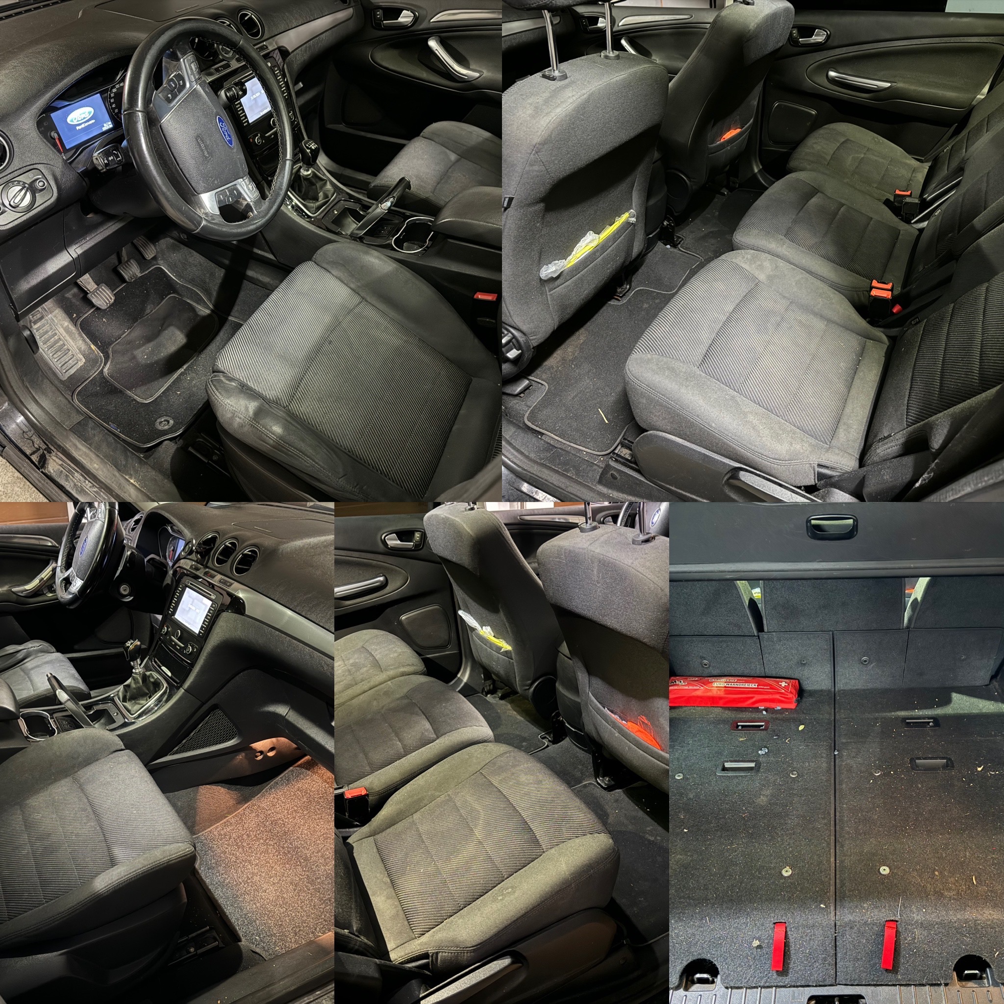 Wnętrze samochodu przed czyszczeniem: widoczne zabrudzenia na tapicerce foteli, dywanikach i w bagażniku Forda Mondeo.