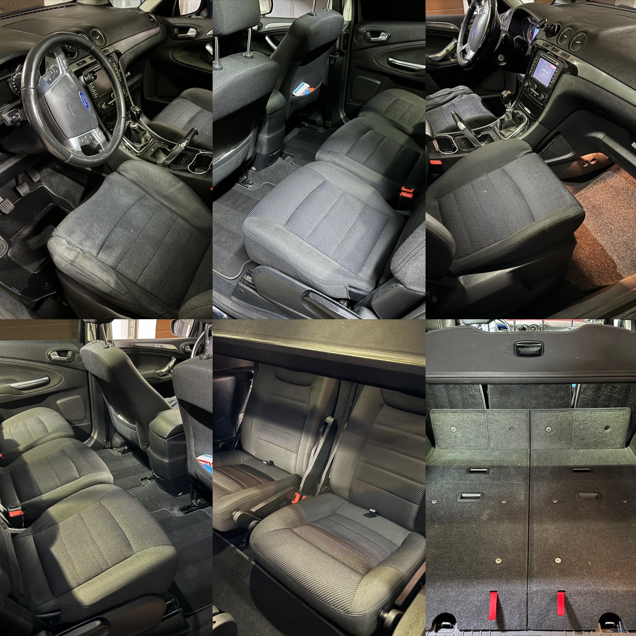 Wnętrze samochodu Ford S-Max: kokpit, fotele przednie i tylne po czyszczeniu, widoczny bagażnik z roletą.