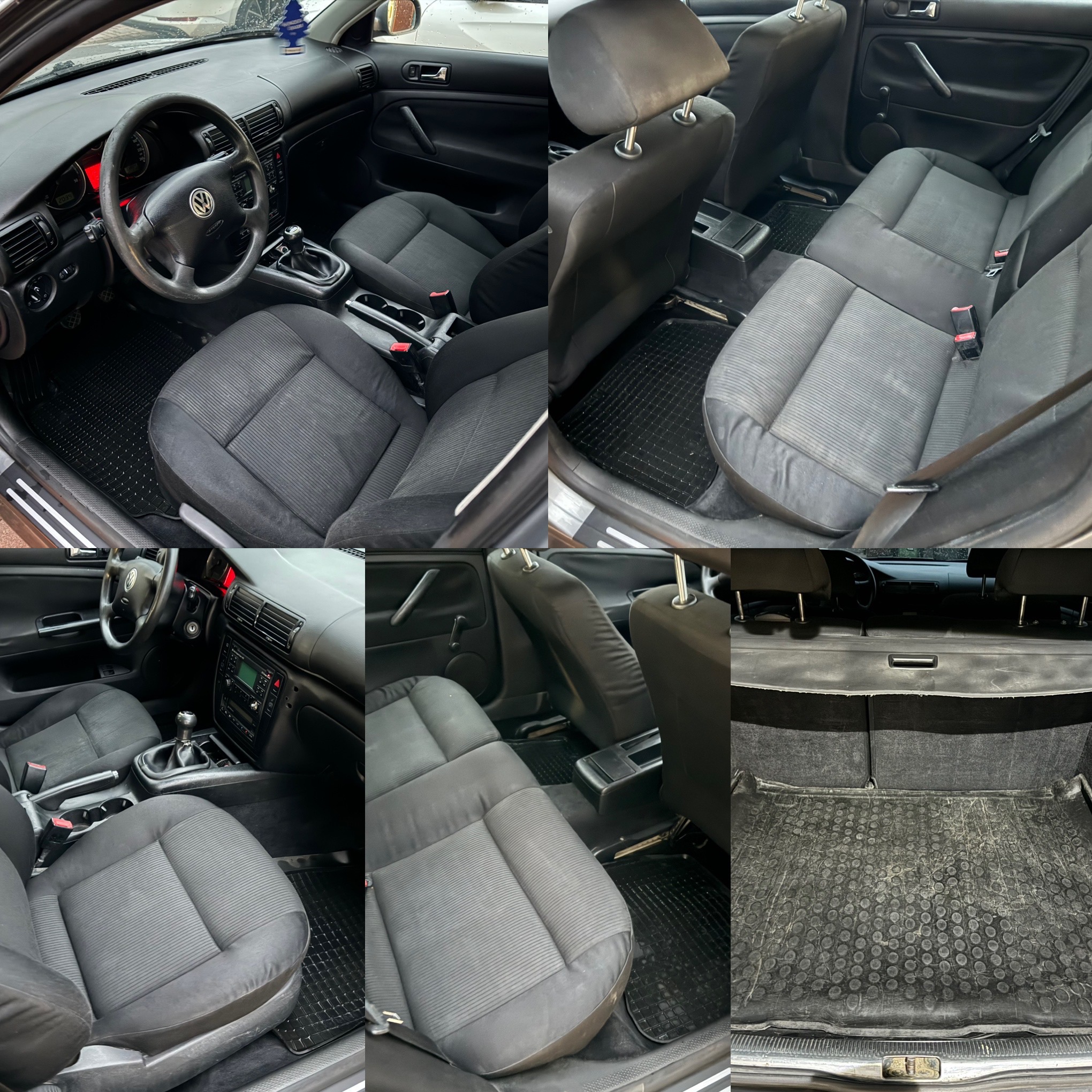 Wnętrze samochodu Volkswagen Passat B5 w kolorze czarnym, widoczne fotele przednie i tylne, deska rozdzielcza z kierownicą oraz bagażnik z gumową wykładziną, wnętrze po użytkowaniu, ale zachowane...