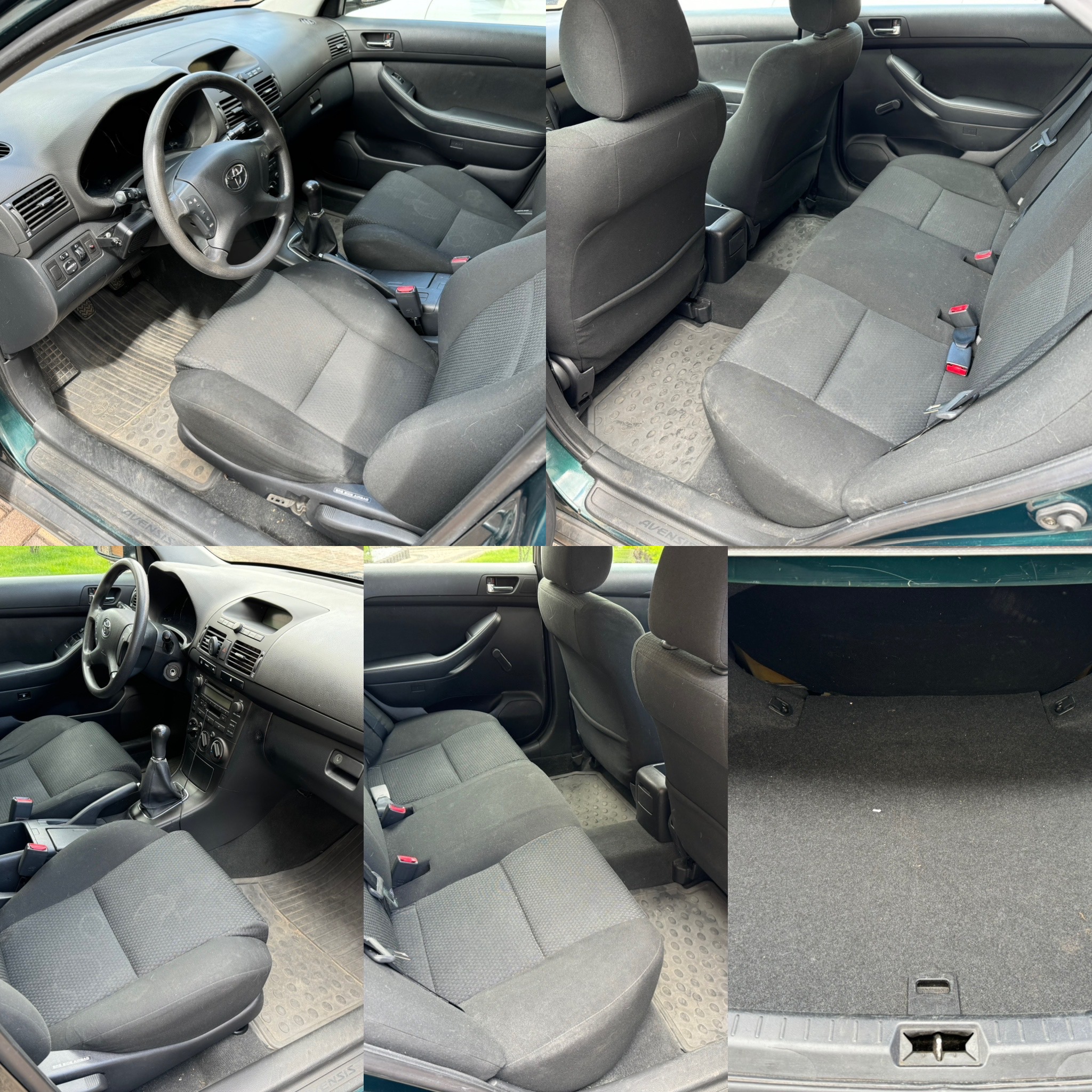 Wnętrze zielonego samochodu Toyota Avensis przed praniem tapicerki, widoczne zabrudzenia na siedzeniach i podłodze.