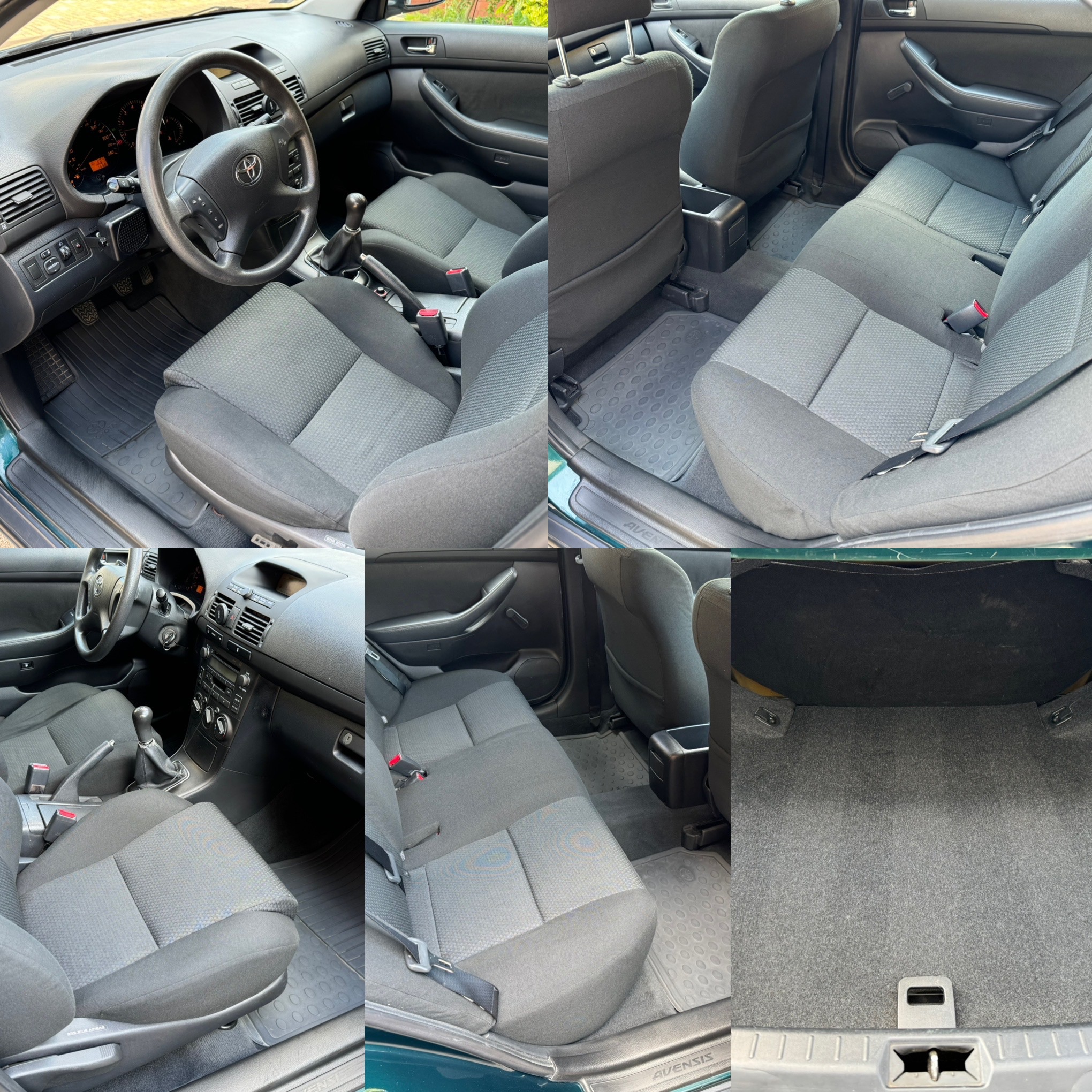 Wnętrze zielonego samochodu Toyota Avensis: kokpit, fotele z szarej tapicerki oraz bagażnik z widocznymi elementami mocującymi.