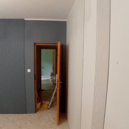 REMONTY DAMIAN DUSZCZAK - Szara ściana z dekoracyjnymi panelami w Brodnicy, widoczne otwarte drzwi z drabinką w tle i biała szafa przesuwna.