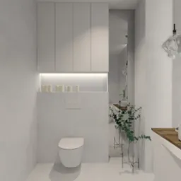 Minimalistyczna, jasna łazienka z owalną umywalką na drewnianym blacie, okrągłym lustrem z podświetleniem LED i subtelnymi szklanymi lampami wiszącymi.