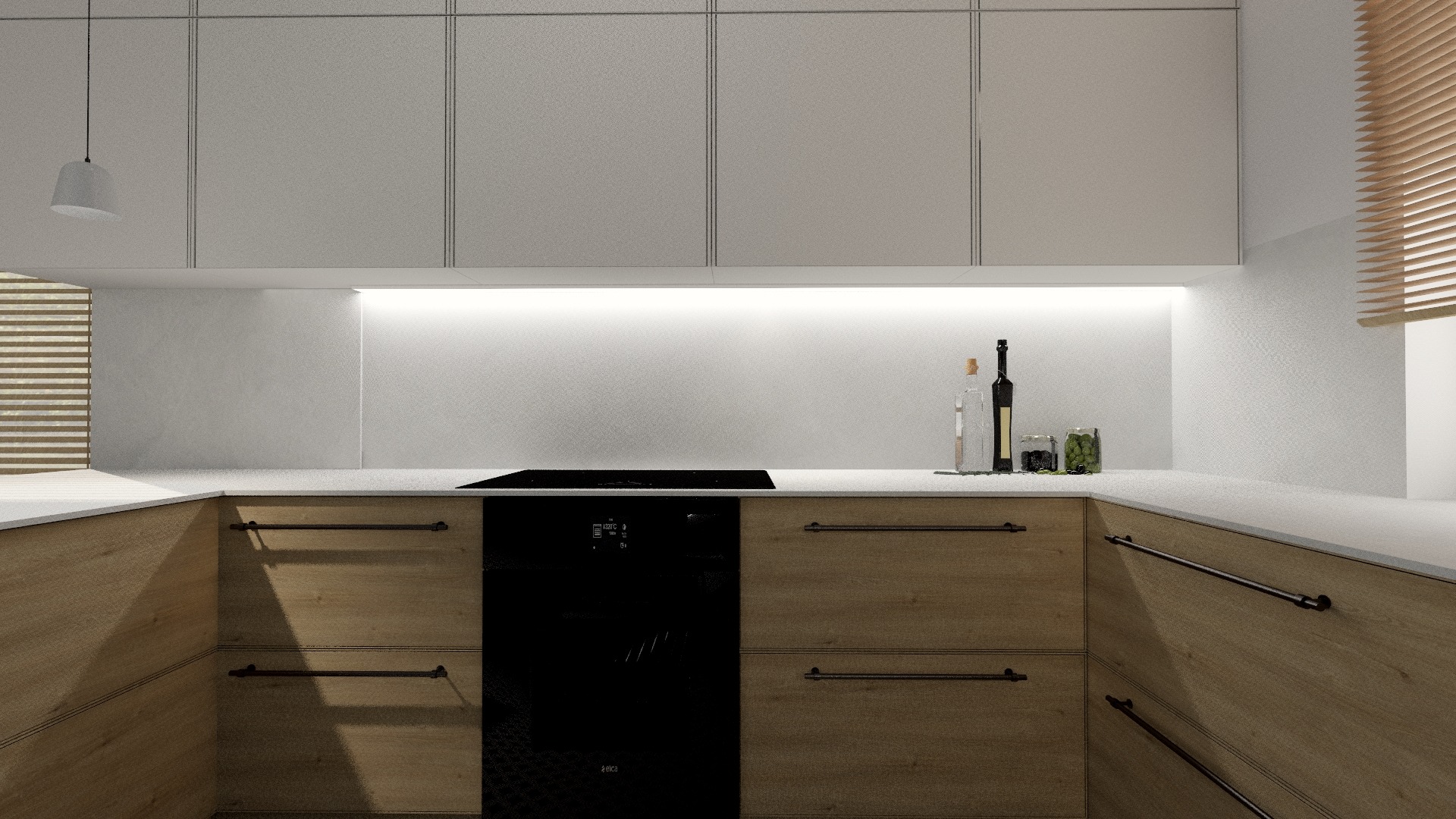 Nowoczesna kuchnia z drewnianymi szafkami i białym blatem, oświetlona listwą LED. Na blacie butelki i słoiki. Minimalistyczny design z elementami naturalnego drewna.