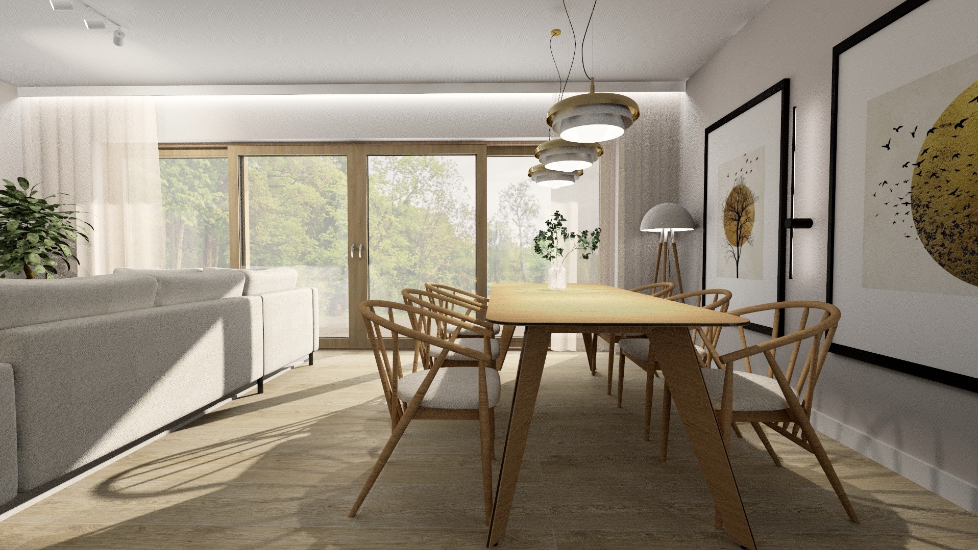 Jasna jadalnia w Lublinie: drewniany stół z krzesłami, minimalistyczne lampy wiszące, duże okno z widokiem na zieleń, sofa w tle, obrazy na ścianie.