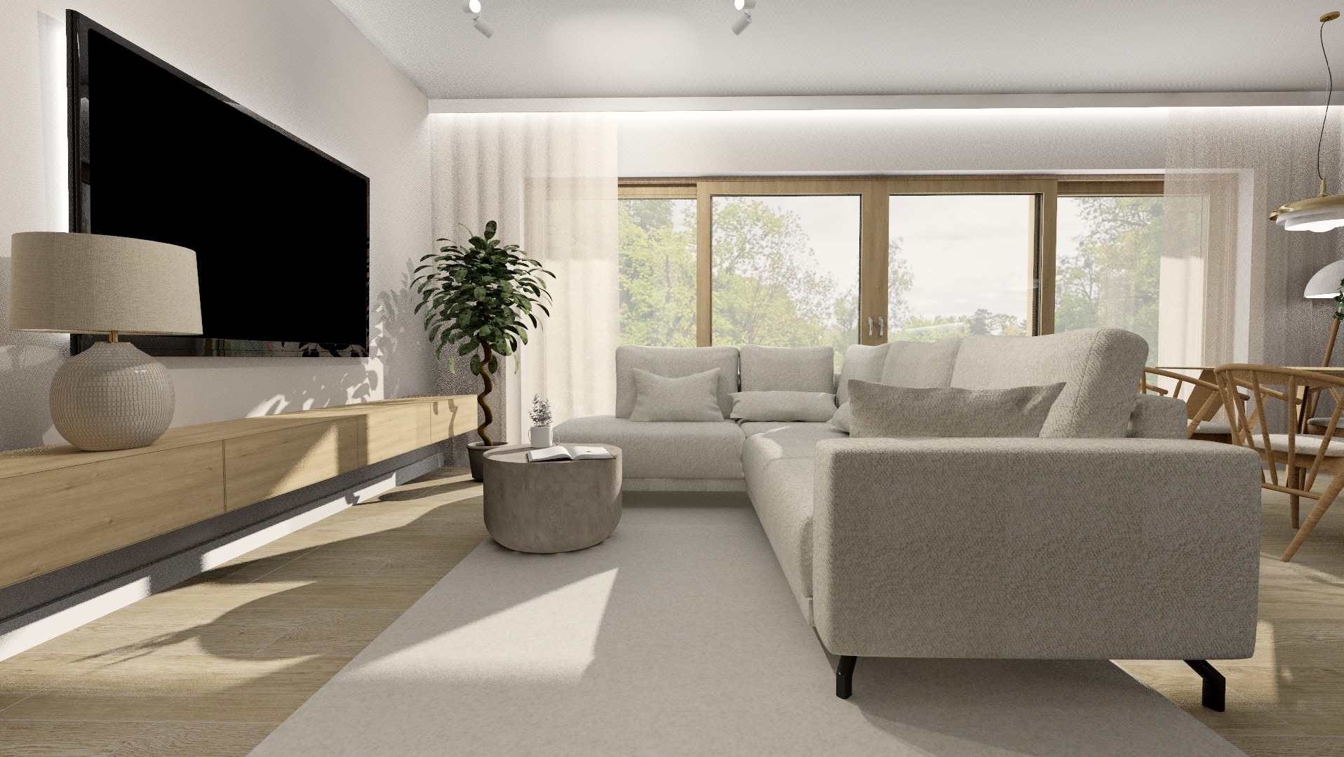 Jasny salon z narożnikiem, stolikiem, TV i rośliną doniczkową. Naturalne światło przez okno. Nowoczesny design, neutralna kolorystyka, drewniane akcenty.