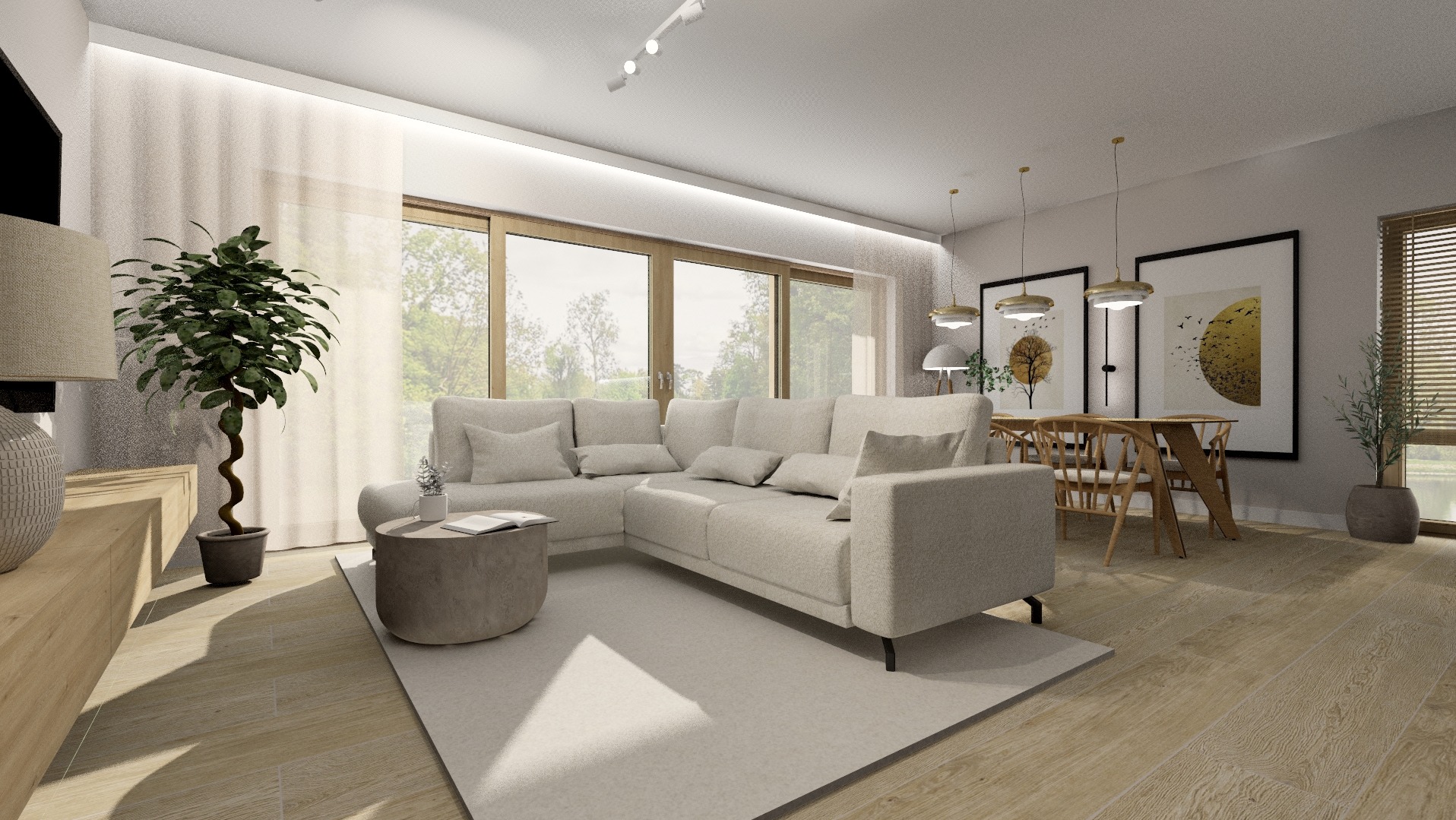 Jasne wnętrze salonu z narożną sofą, drewnianym stołem i dekoracjami ściennymi. Duże okna wpuszczają naturalne światło, oświetlając drewnianą podłogę.