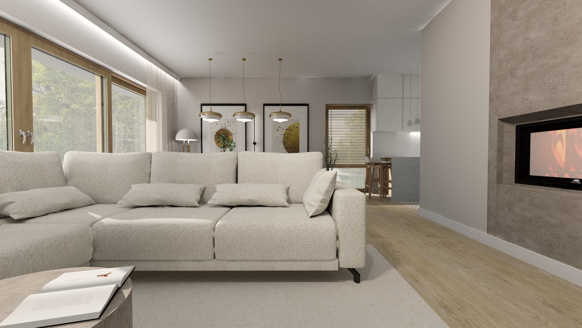 Jasny salon z narożnikiem, okrągłym stolikiem i kominkiem. Na ścianach wiszą obrazy. Widoczne drewniane okna i podłoga. Całość utrzymana w neutralnej kolorystyce.