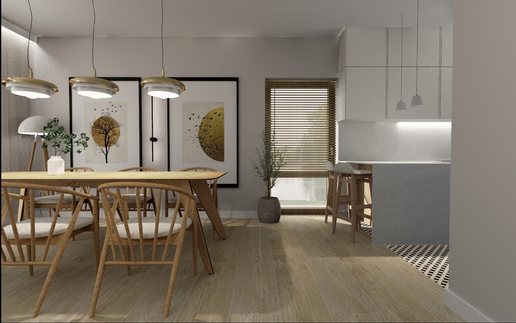 Jasna jadalnia z drewnianym stołem i krzesłami, oświetlona trzema lampami. W tle okno z żaluzjami i minimalistyczna kuchnia z wyspą. Dekoracje: obrazy z motywem drzew i roślina.