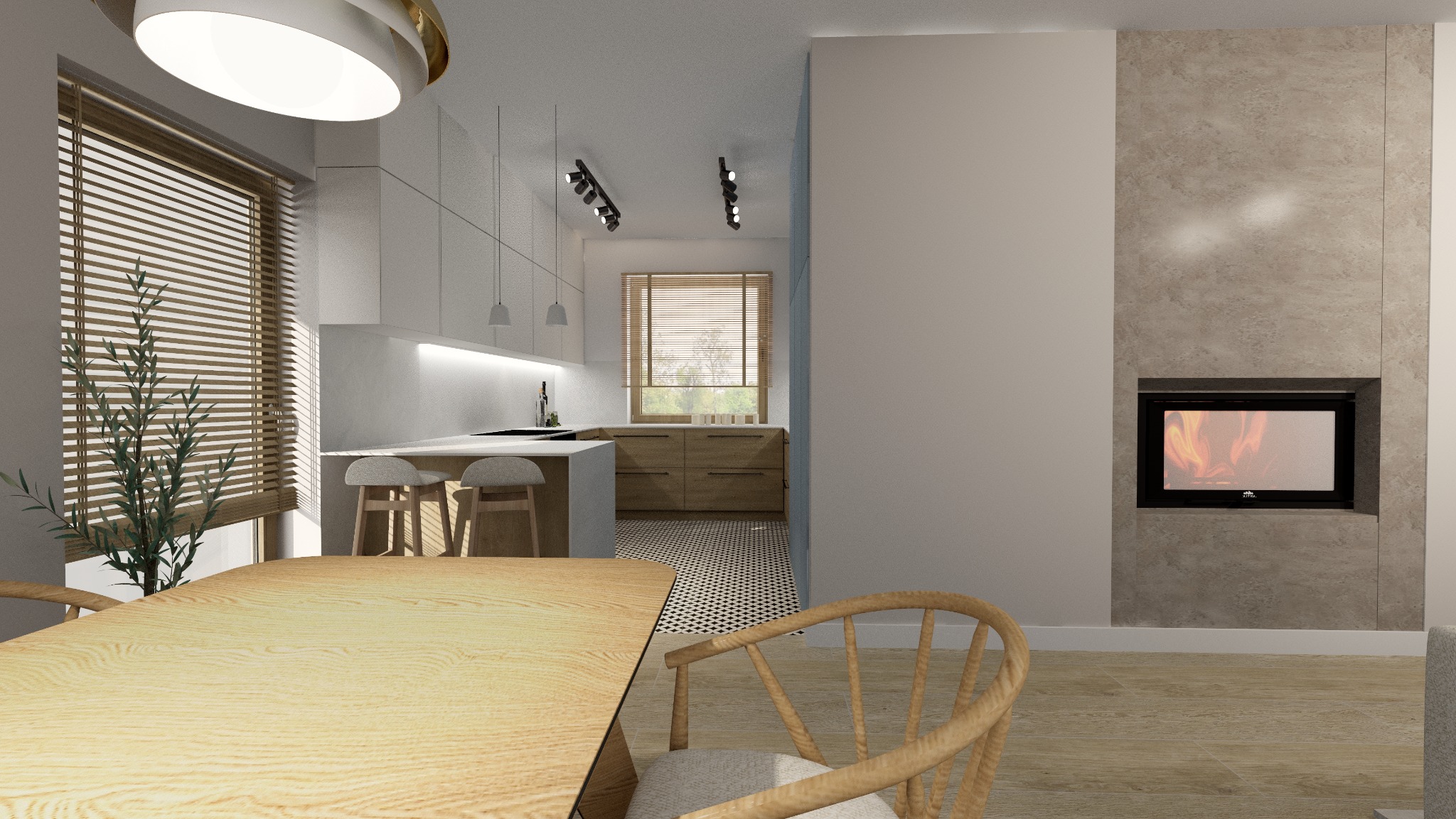 Jasne wnętrze: drewniany stół, krzesła, kuchnia w tle, okno z żaluzjami i kominek z imitacją ognia. Minimalistyczny design, ciepłe oświetlenie.