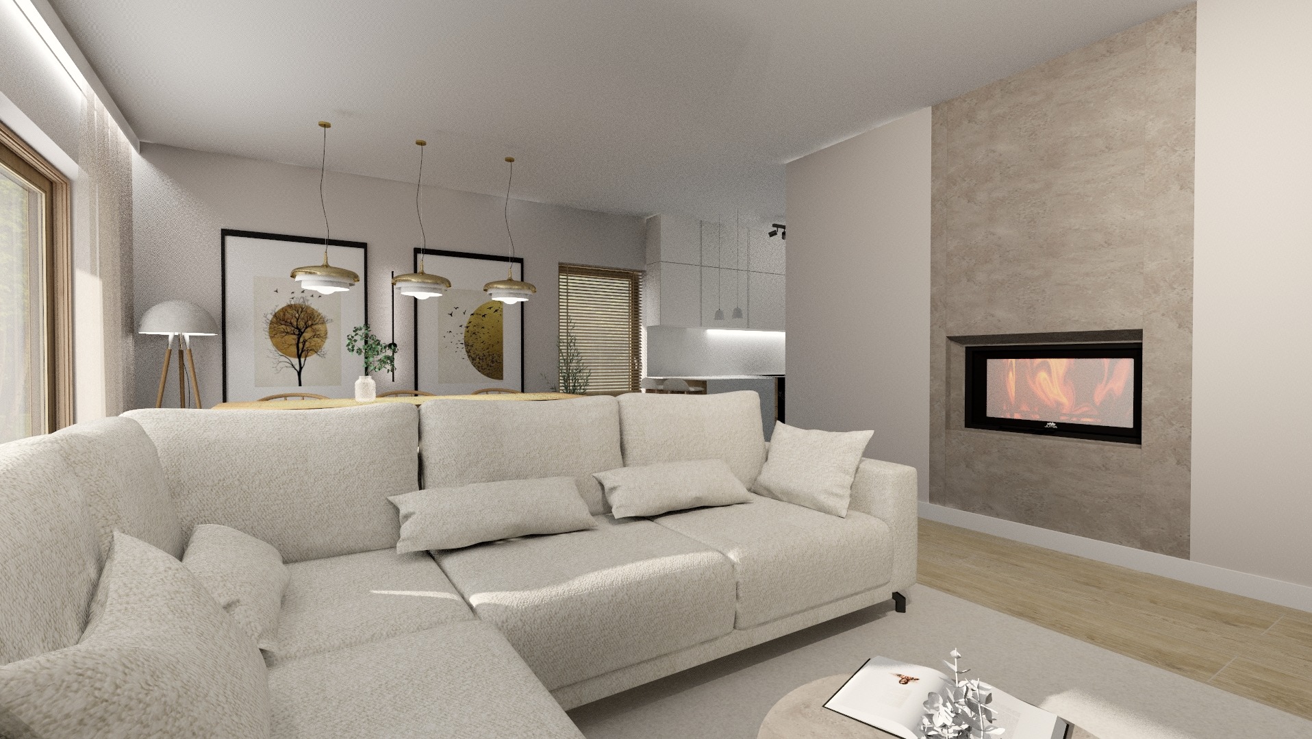 Salon z beżową sofą narożną, kominkiem i dekoracyjnymi obrazami na ścianie. Oświetlenie punktowe i minimalistyczny wystrój wnętrza.