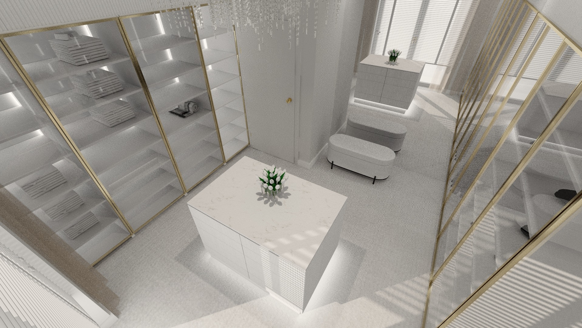 Wnętrze garderoby w jasnej tonacji z przeszklonymi szafami z elementami złota, wyspą z blatem imitującym marmur i dekoracyjnym żyrandolem.