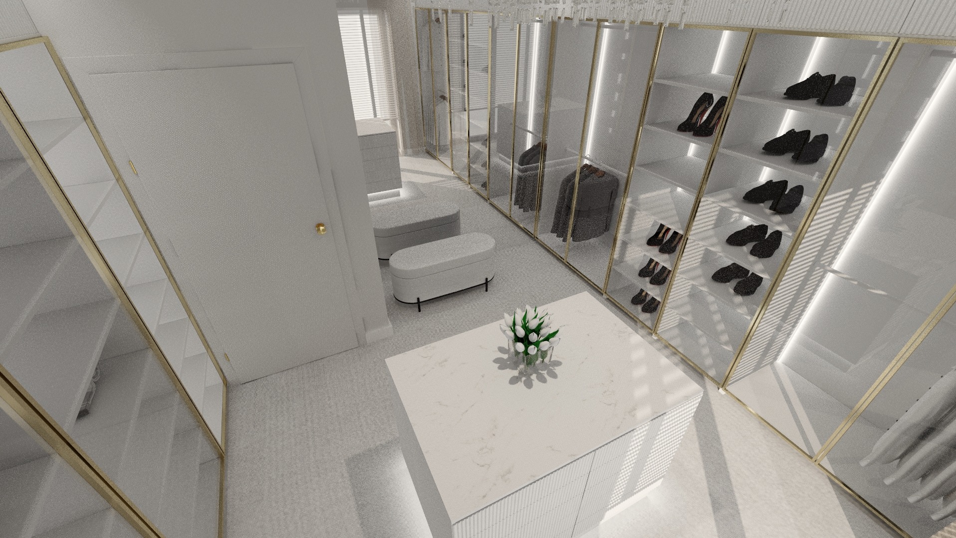 Elegancka garderoba z przeszklonymi szafami, oświetleniem LED i wyspą z blatem z białego marmuru, uzupełniona bukietem białych tulipanów. Subtelne detale wykończenia w kolorze złota.