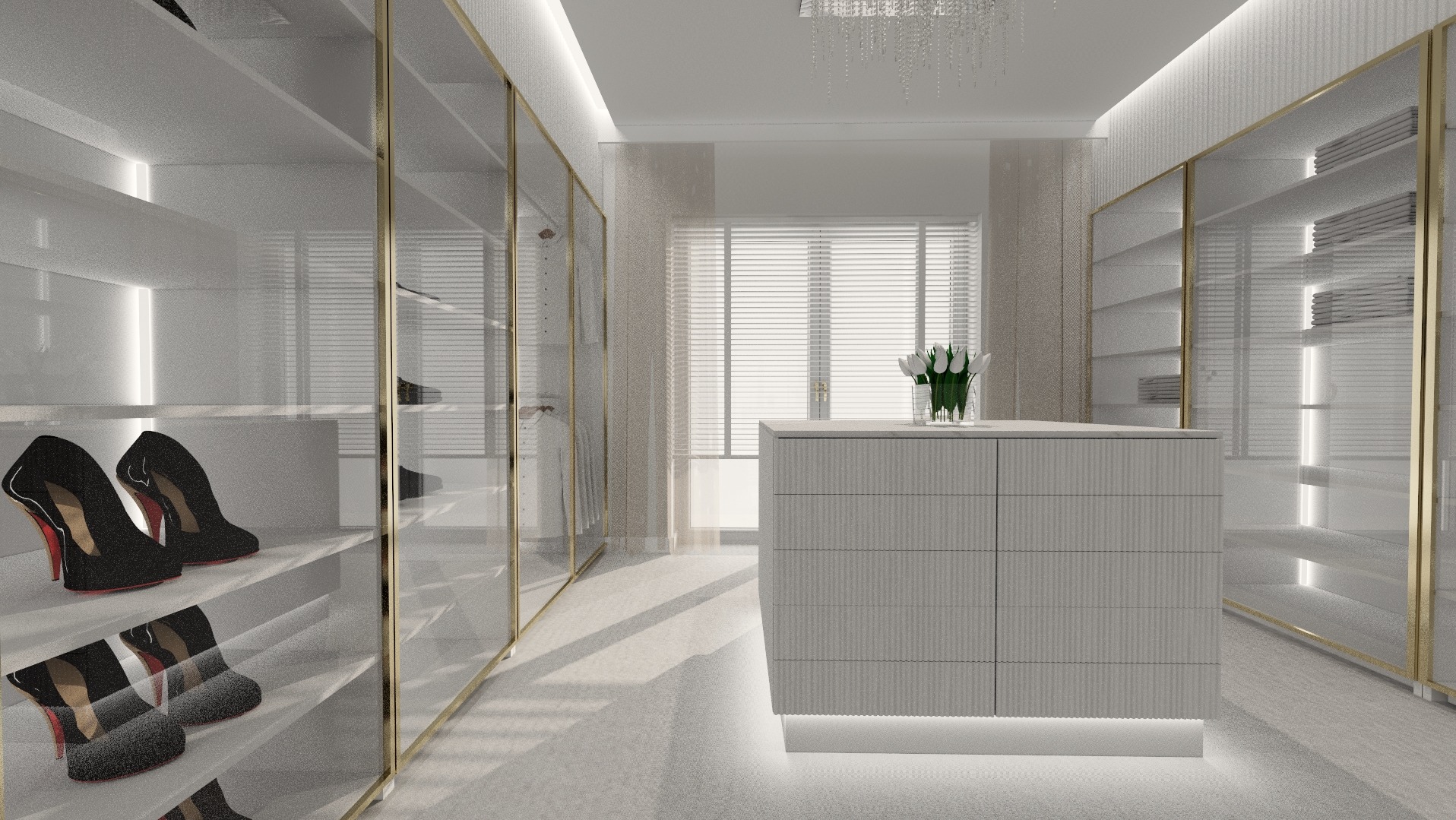 Elegancka garderoba z przeszklonymi szafami i złotymi ramami, oświetlona od wewnątrz, z wyspą na środku i widocznymi butami na półkach.