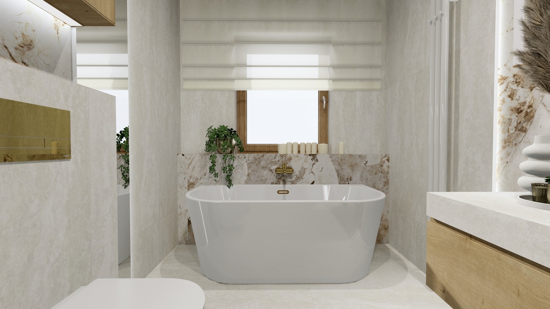 Elegancka łazienka z wolnostojącą białą wanną na tle marmurowej ściany, okno z roletą rzymską i rośliny dodają naturalnego akcentu.